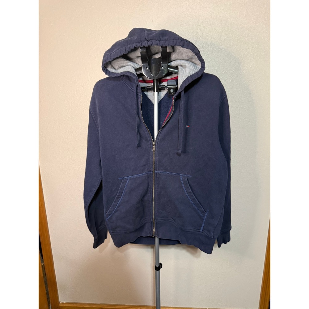 Tommy Hilfiger Mens Full Zip Hoodie Navy Blue Waffle Lined Hood Large‎